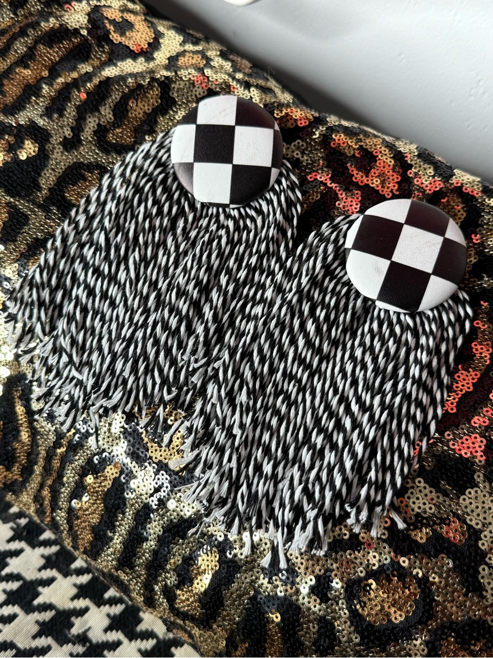 Black & White Checker Fringe Statement Earrings